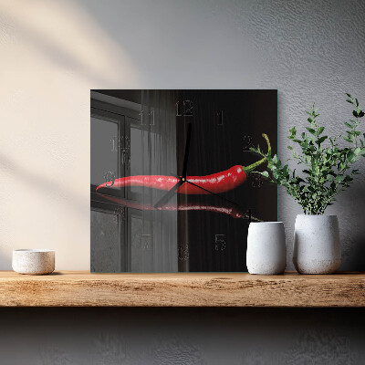 Vierkante glazen wandklok Chilipeper