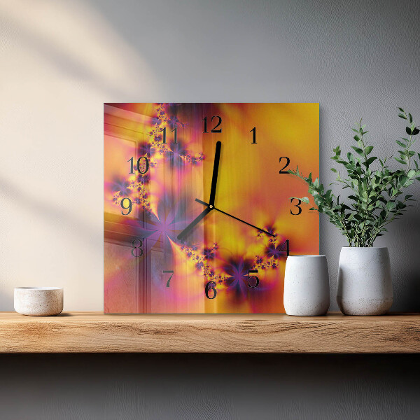Vierkante glazen wandklok Bloemen