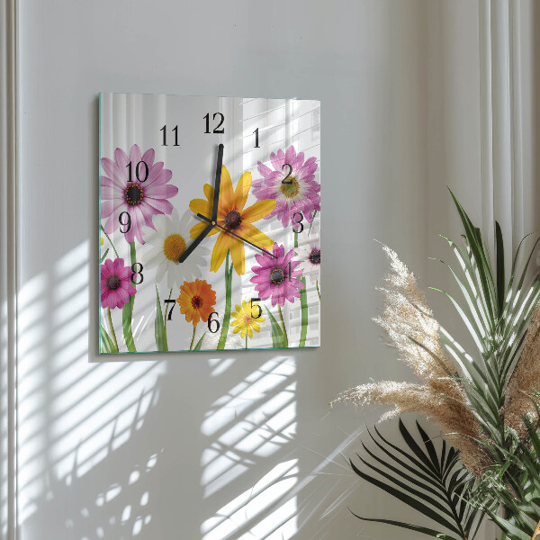 Vierkante glazen wandklok Bloemen
