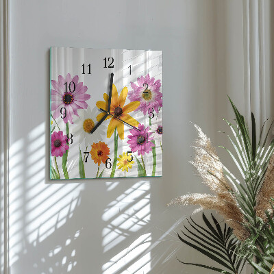 Vierkante glazen wandklok Bloemen