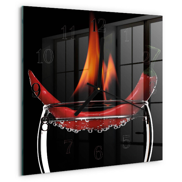 Vierkante glazen wandklok Chili Fire