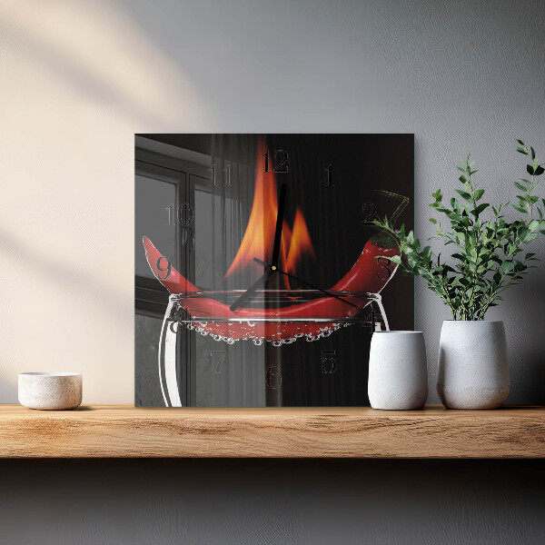 Vierkante glazen wandklok Chili Fire
