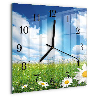 Vierkante glazen wandklok Weidebloemen