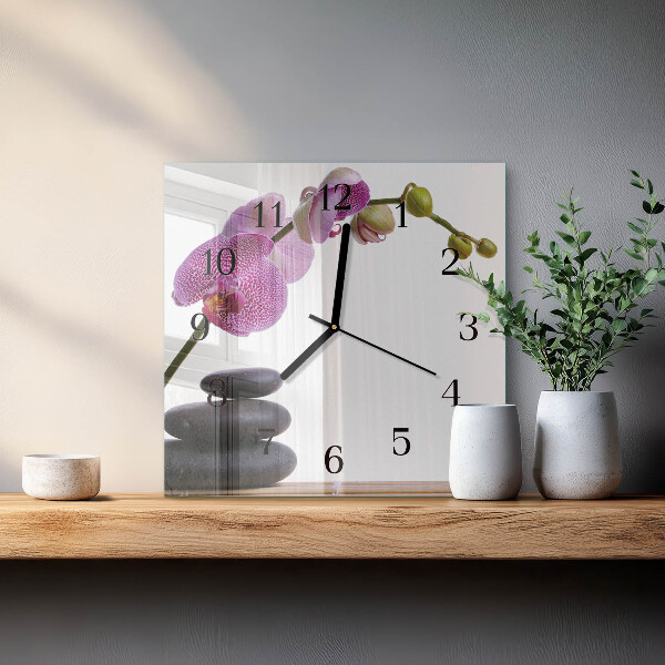 Vierkante glazen wandklok Orchidee