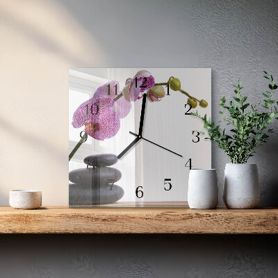 Vierkante glazen wandklok Orchidee