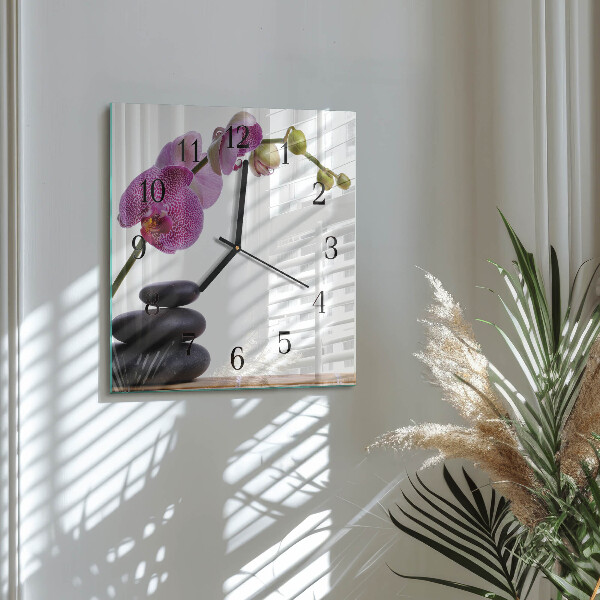 Vierkante glazen wandklok Orchidee