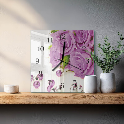 Vierkante glazen wandklok Rozen