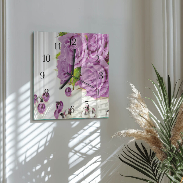 Vierkante glazen wandklok Rozen