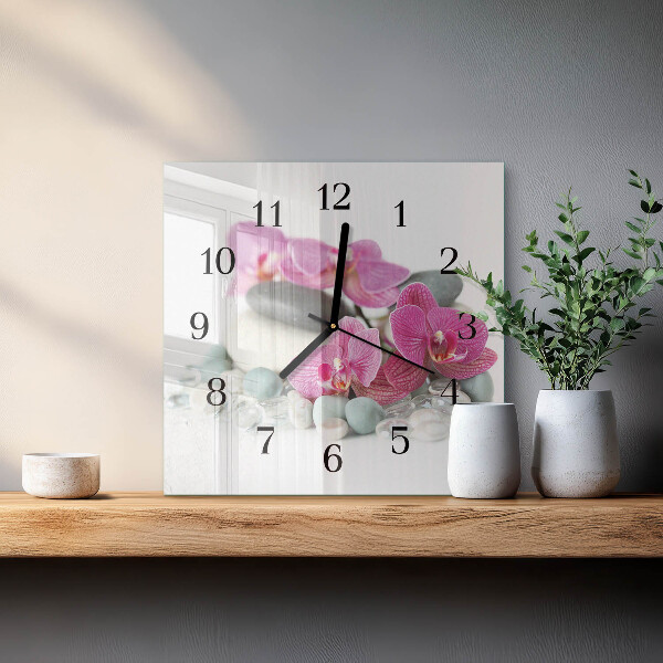 Vierkante glazen wandklok Orchideeën