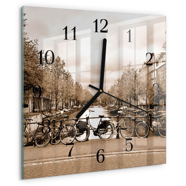 Vierkante glazen wandklok Amsterdam Sepia