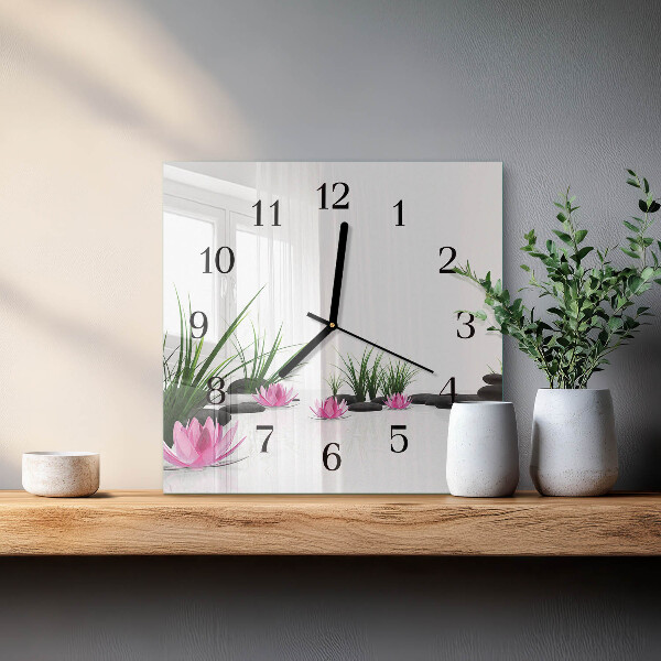 Vierkante glazen wandklok Lotusbloem