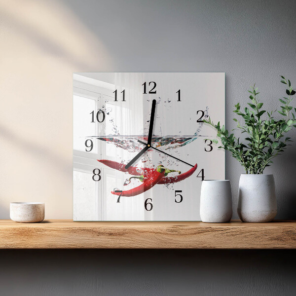 Vierkante glazen wandklok Chilipepers