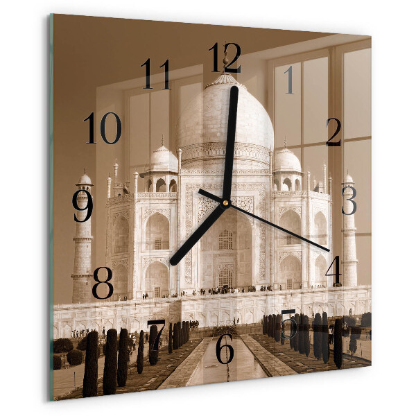 Vierkante glazen wandklok Taj Mahal Sepia