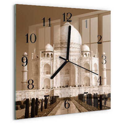 Vierkante glazen wandklok Taj Mahal Sepia