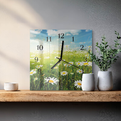Vierkante glazen wandklok Madeliefjes