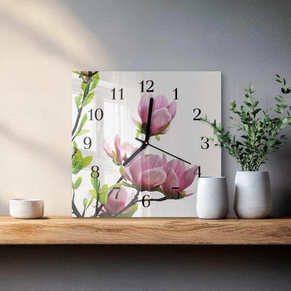 Vierkante glazen wandklok Magnolia bloem