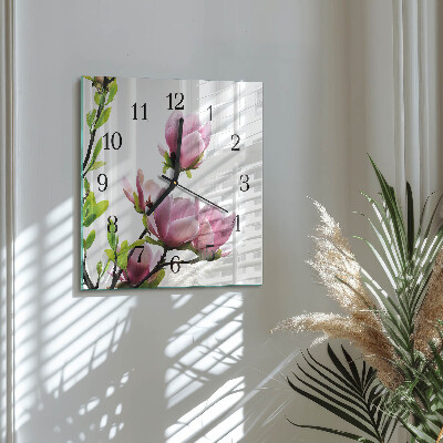 Vierkante glazen wandklok Magnolia bloem