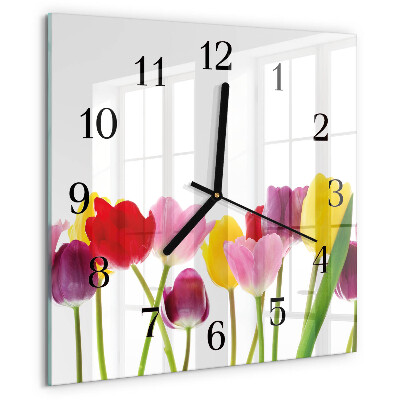 Vierkante glazen wandklok Kleurrijke tulpen