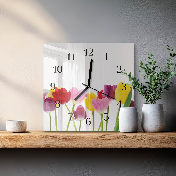 Vierkante glazen wandklok Kleurrijke tulpen