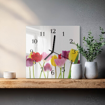 Vierkante glazen wandklok Kleurrijke tulpen