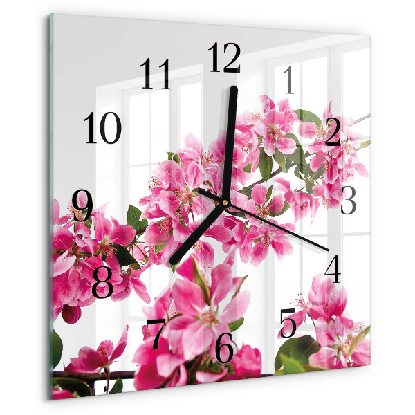 Vierkante glazen wandklok Bloemen