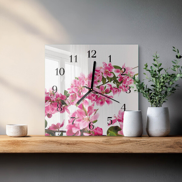 Vierkante glazen wandklok Bloemen