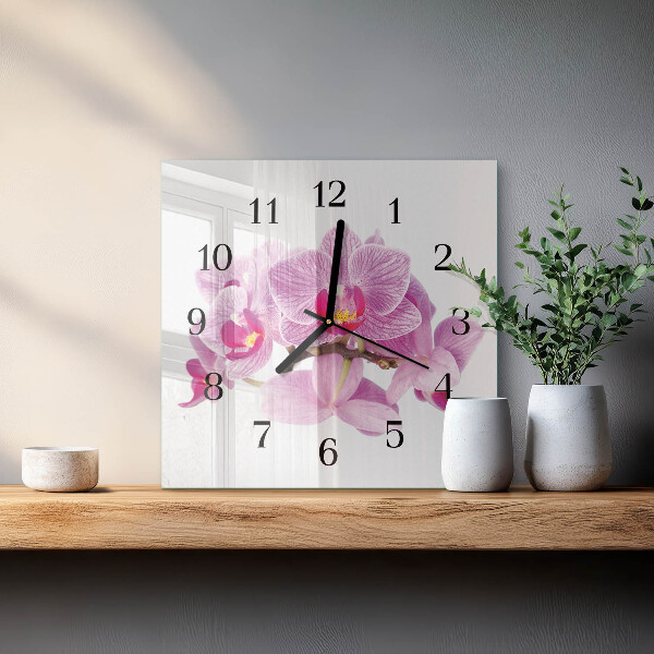 Vierkante glazen wandklok Orchideeën
