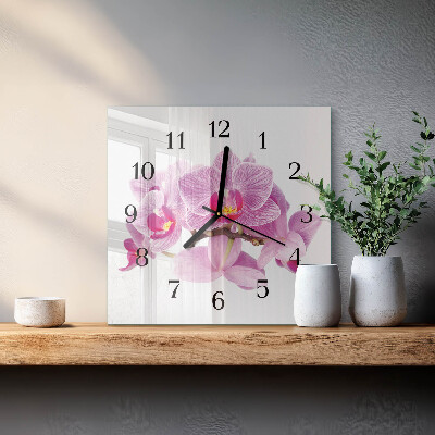 Vierkante glazen wandklok Orchideeën
