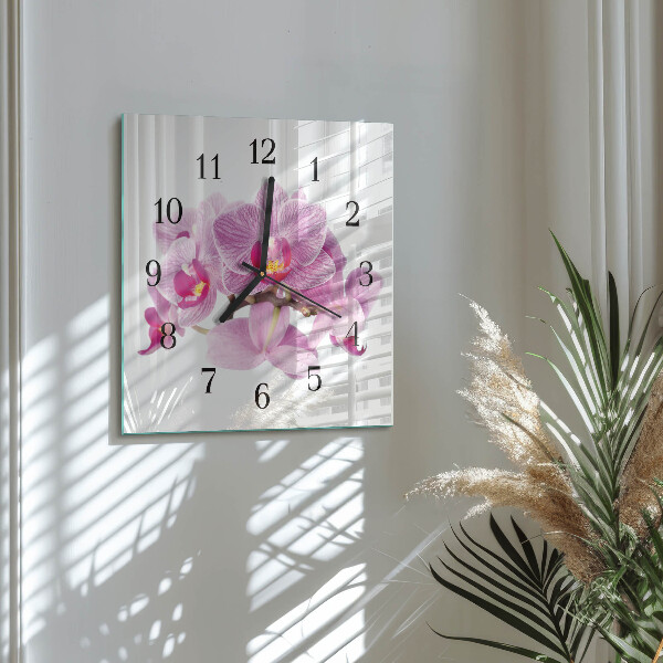Vierkante glazen wandklok Orchideeën