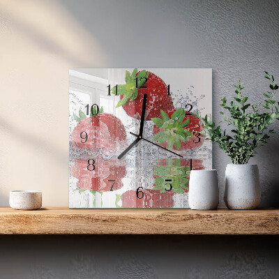 Vierkante glazen wandklok Aardbeien