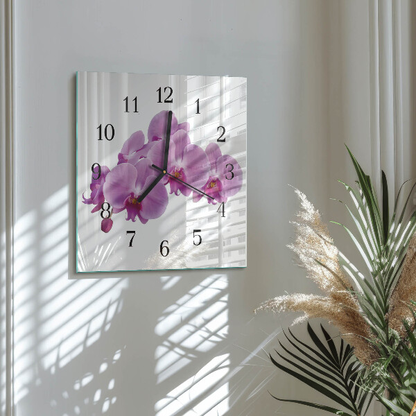 Vierkante glazen wandklok Orchidee