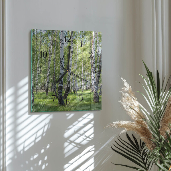 Vierkante glazen wandklok Berkenbos
