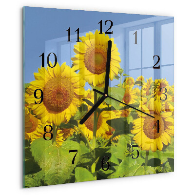 Vierkante glazen wandklok Zonnebloemen