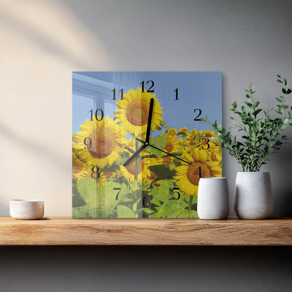 Vierkante glazen wandklok Zonnebloemen
