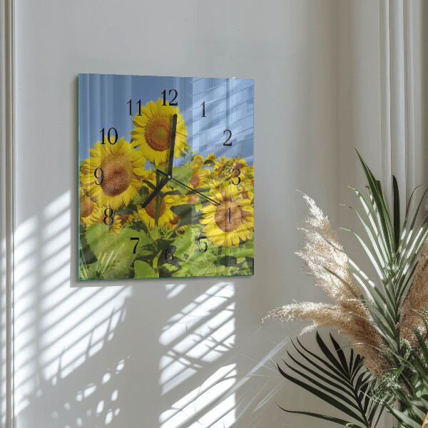 Vierkante glazen wandklok Zonnebloemen