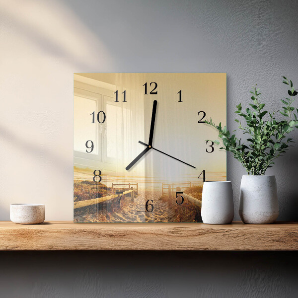 Vierkante glazen wandklok Strandpad