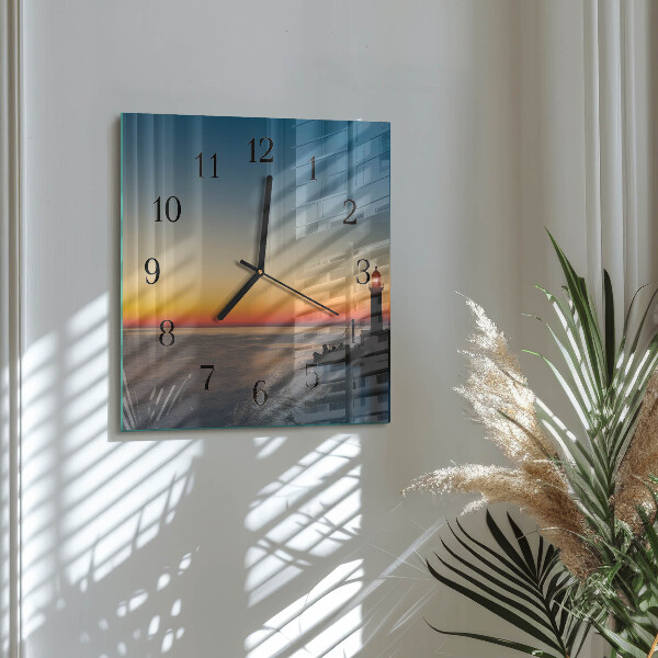 Vierkante glazen wandklok Vuurtoren Zee