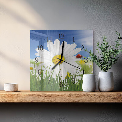 Vierkante glazen wandklok Bloem en lieveheersbeestje