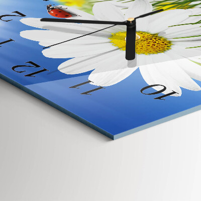 Vierkante glazen wandklok Bloem en lieveheersbeestje