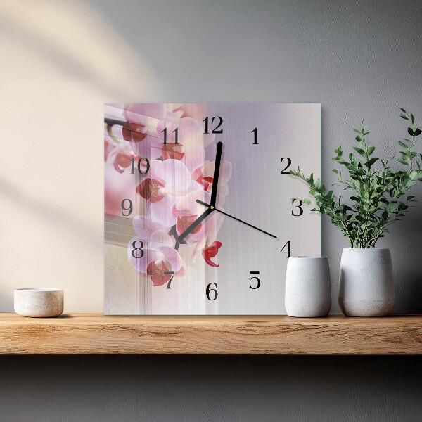 Vierkante glazen wandklok Orchidee