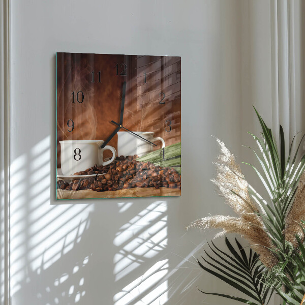Vierkante glazen wandklok Koffiekopjes