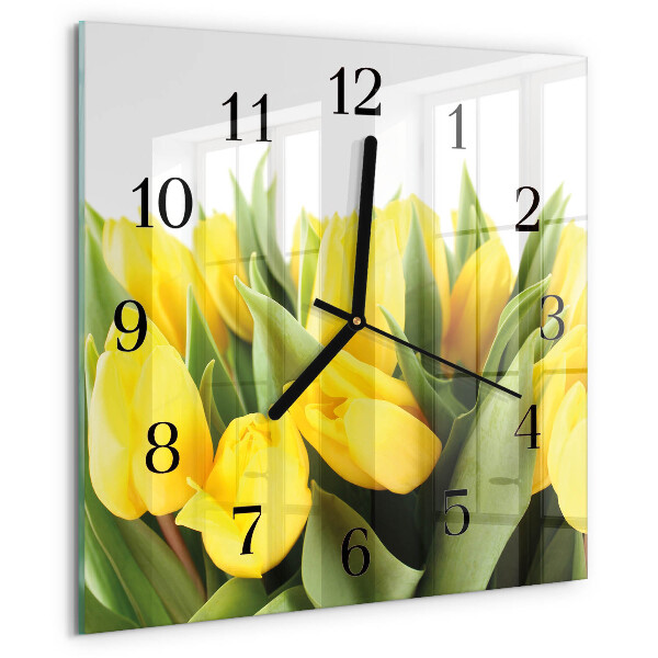Vierkante glazen wandklok Tulpenbloemen