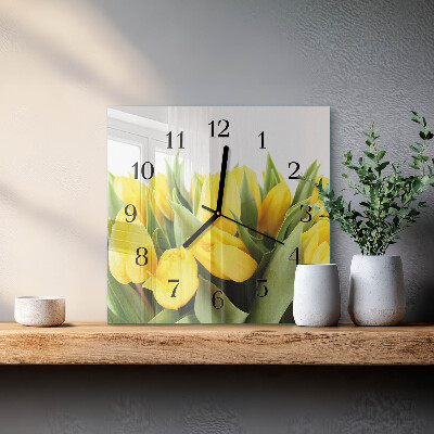 Vierkante glazen wandklok Tulpenbloemen