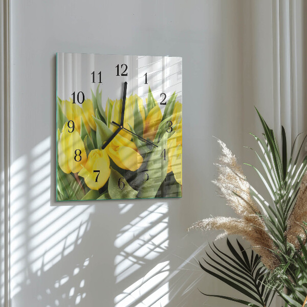 Vierkante glazen wandklok Tulpenbloemen