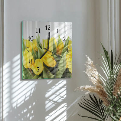 Vierkante glazen wandklok Tulpenbloemen