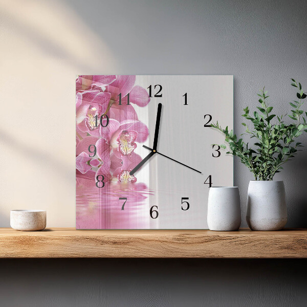Vierkante glazen wandklok Orchidee