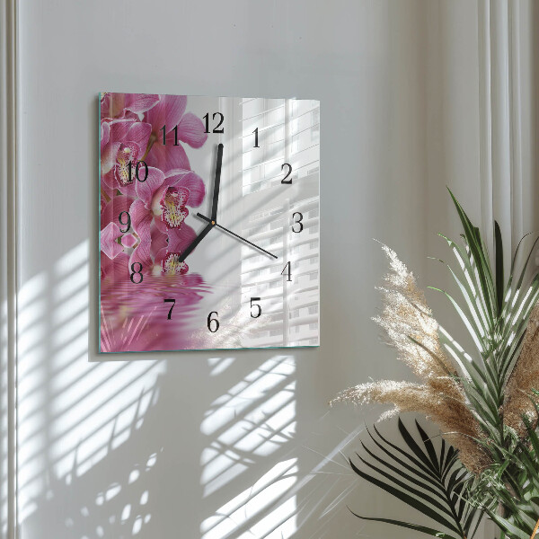 Vierkante glazen wandklok Orchidee