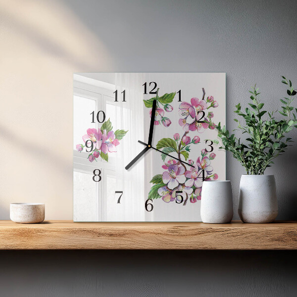 Vierkante glazen wandklok Bloemen