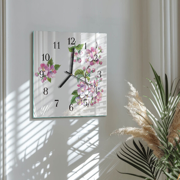 Vierkante glazen wandklok Bloemen