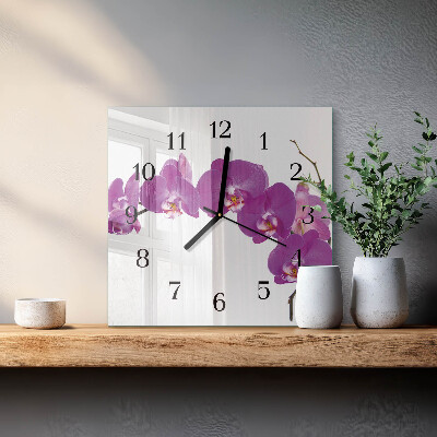 Vierkante glazen wandklok Orchidee